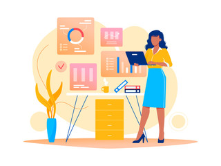 Data analysis, strategy. Woman is working with data on the laptop in the office. Flat vector concept illustration for website, banner, flyer. Isolated on white.