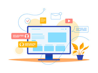Social networks, communication systems, modern technologies. Laptop and infographic. Flat vector concept illustration for website, banner, flyer. Isolated on white.