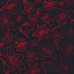 Sketches of flowers on a dark background. Floral banner. Vector illustration.