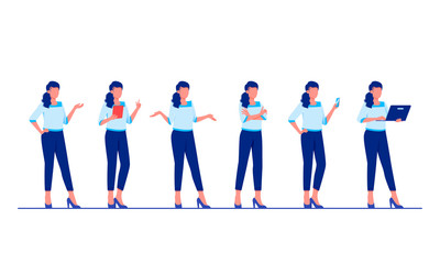 Set of business characters poses and actions. Businesswoman is standing in different poses. Flat vector illustration.