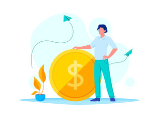 Earning, saving and investing money. Businessman is standing near a big dollar coin. Flat vector concept illustration for website, banner, flyer. Isolated on white.