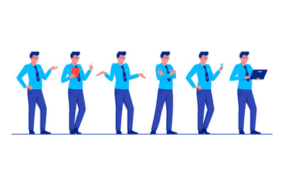 Set of business characters poses and actions. Businessman is standing in different poses. Flat vector illustration.