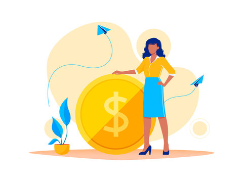 Earning, saving and investing money. Businesswoman is standing near a big dollar coin. Flat vector concept illustration for website, banner, flyer. Isolated on white.