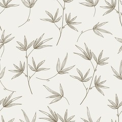 leaves floral plant line retro vector seamless pattern