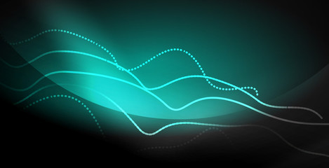 Glowing abstract wave on dark, shiny motion, magic space light. Techno abstract background