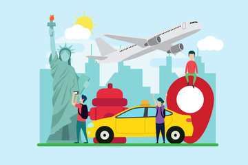 Obraz na płótnie Canvas travel to new york creative illustration vector of graphic , small people traveling in new york illustration vector , liberty vector , new york city concept vector