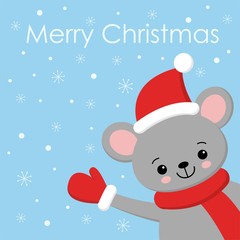 Little Cute Mouse in a red Santa s cap and scarf.