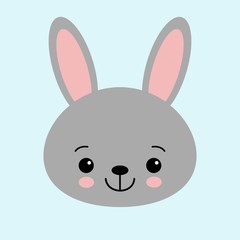 Gray bunny rabbit. Funny head face. Big ears. Cute kawaii cartoon character. Baby greeting card template. Happy Easter sign symbol. Blue background. Flat design.