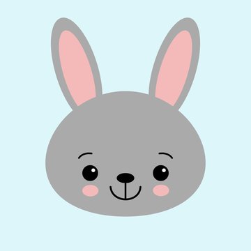 Gray bunny rabbit. Funny head face. Big ears. Cute kawaii cartoon character. Baby greeting card template. Happy Easter sign symbol. Blue background. Flat design.