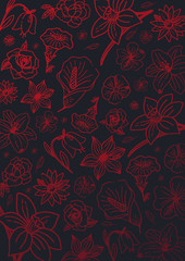 Sketches of flowers on a dark background. Floral banner. Vector illustration.