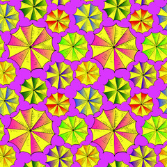 Umbrellas background. Seamless vector pattern, hand drawn colored umbrellas on the pink background. Wallpaper pattern, doodle of umbrellas. Vector backdrop.