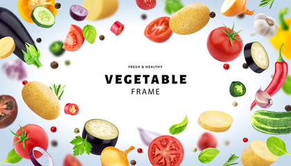 Vegetable isolated on white background, frame made of different flying vegetables, herbs and spices, with copy space © xamtiw