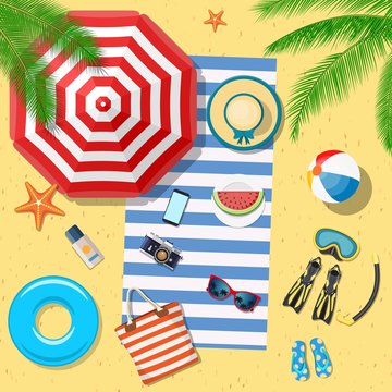 Beach Accessories top lay view on sand. Striped towel, umbrella, flip flops, flippers, float ring, snorkeling mask, bag, sunglasses, sun cream, hat, watermelon Vector illustration in flat style