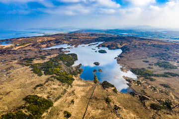 Aerial view of Lough Doon between Portnoo and Ardara which is famous for the medieval fort - County...