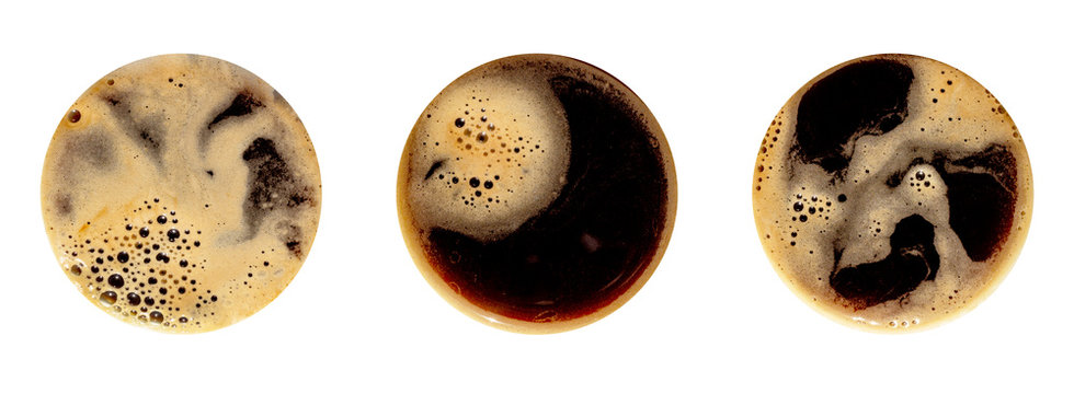 Coffee foam set isolated on white background. Round top view close up photography of cup