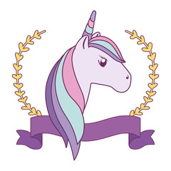 head of cute unicorn with ribbon and branches of leafs