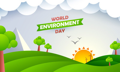 Paper cut style nature landscape view background for World Environment Day.