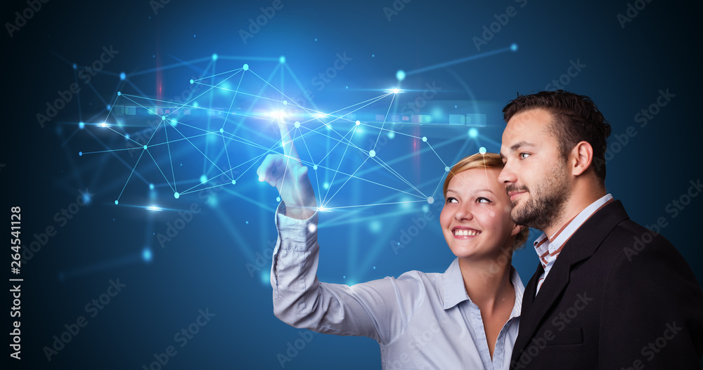 Poster man and woman touching hologram screen displaying modern web system