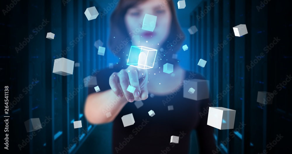 Poster woman touching hologram screen displaying cube symbols