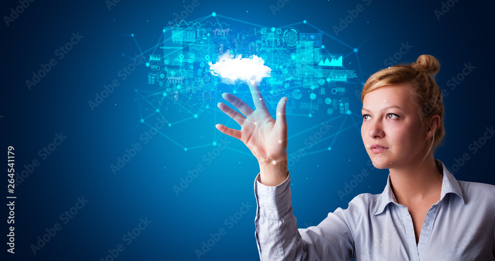 Poster woman touching hologram projection displaying information from cloud based system