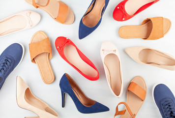 Girl's spring summer shoes collection. Mock up of different styles and colos shoes.