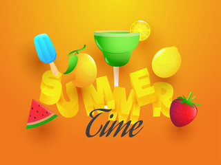 3D text Summer with element such as mango, lemon, ice cream, mocktail, watermelon and strawberry illustration on orange background.