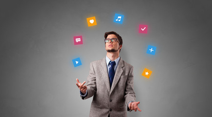 Young person juggle with application icons
