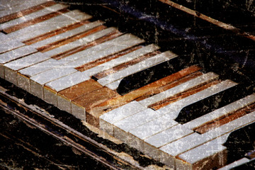 Broken old piano. Selective focus point on Old vintage piano keys - vintage filter effect.