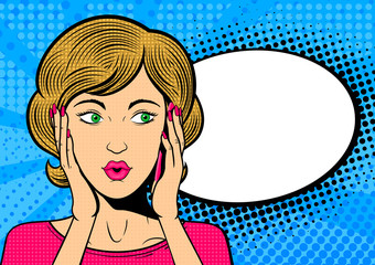 Pop art woman talk on mobile phone. Surprised female face with speech bubble. Retro dotted background. Stock vector illustration.