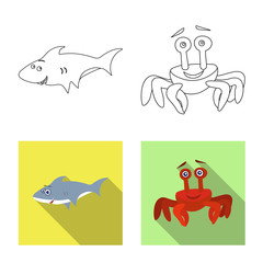 Vector illustration of sea and animal sign. Collection of sea and marine vector icon for stock.