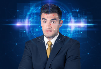 Facial recognition system. Young man on blue background