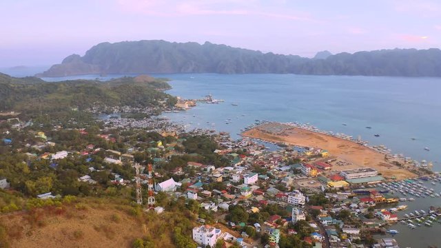 Aerial view Coron city with slums and poor district, Palawan, Philippines. Aerial view 4K