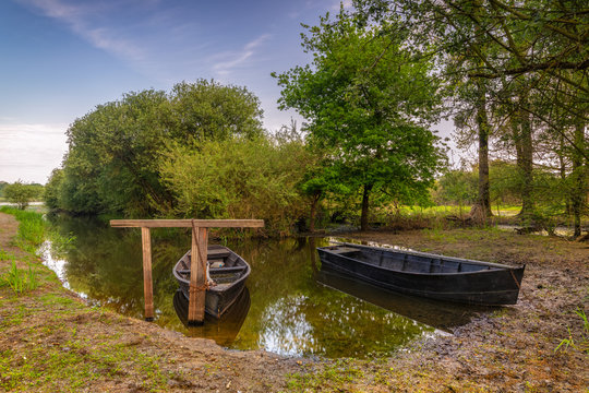 Loire-Atlantique (44), lac de grand lieu, Tr&eacute;jet, Deux barques de p&ecirc;heurs attach&eacute;es &agrave; un poteau dans les marais de Tr&eacute;jet