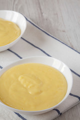 Homemade vanilla custard pudding in white bowls, low angle view. Space for text.