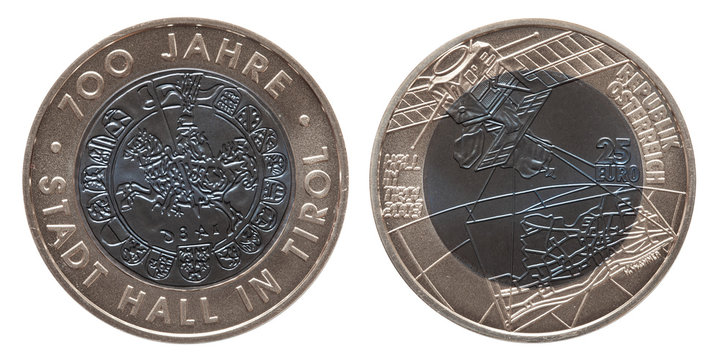 Austria silver niob coin 25 twenty five euros minted 2003 isolated on white background