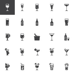 Cocktails vector icons set, modern solid symbol collection, filled style pictogram pack. Signs, logo illustration. Set includes icons as alcoholic drinks glass, beverages, wine bottle, mojito drink