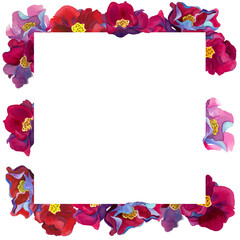 Hibiscus flowers in square frame with petals isolated. Pink and red exotic flowers composition. Floral background. Watercolor border template, add your text. Design for cover, decor, invites, print.