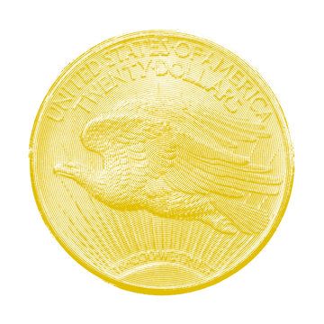 Twenty dollars with a picture of a Bald eagle. Reverse of a gold coin. Golden American money on a white background.