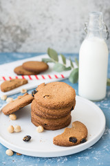 Homemade oatmeal cookies. Cookies with milk for Breakfast. Sweet Breakfast, brunch, snack.