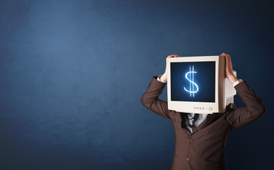 Young person with monitor head, money and cash concept
