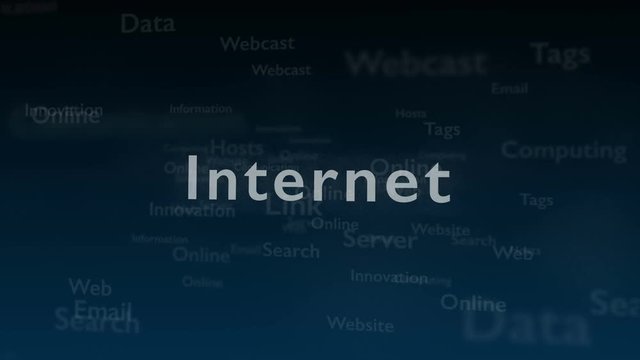 Deep blue background with different words, which deal with internet. Close up. Copy space. 3D. Animation.