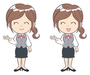 ビジネスウーマン　若い女性　案内　紹介　説明　制服　全身