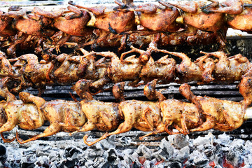 Many quail grilled on the grill
