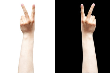 hand show peace sign isolated black and white background b