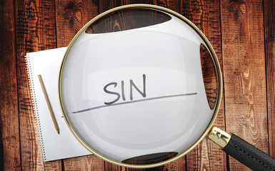 Study, learn and explore sin - pictured as a magnifying glass enlarging word sin, symbolizes analyzing, inspecting and researching the meaning of sin, 3d illustration