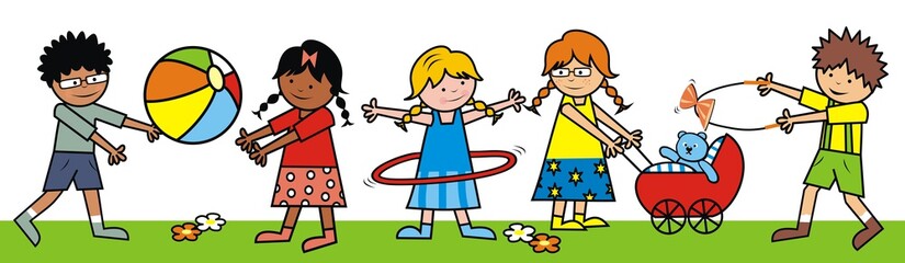 Group of happy kids, children with toys, funny vector illustration. Little girls and boys playing on the meadow. Illustration for children.