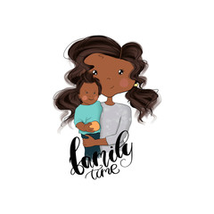 African American Hair Woman With Child Isolated On A White Background Family Time Hand Drawn Illustration