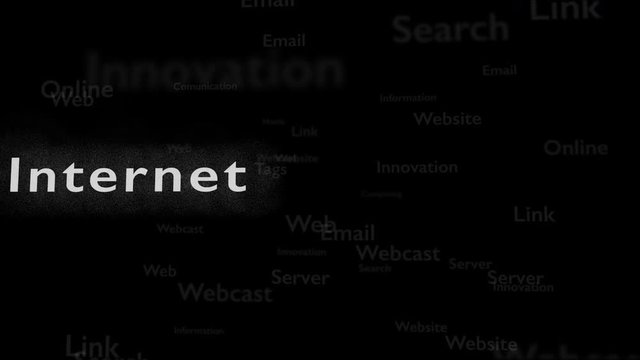 Black background with different words, which deal with internet. Close up. Copy space. 3D. Animation.
