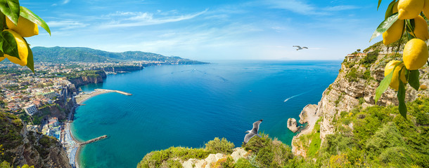Panoramic view of cliff coastline Sorrento and Gulf of Naples in Italy