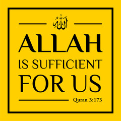 Vector illustration Allah is sufficient for us with arabic calligraphy on yellow background for celebrations greeting cards, printing or posting on websites. Eid Mubarak!